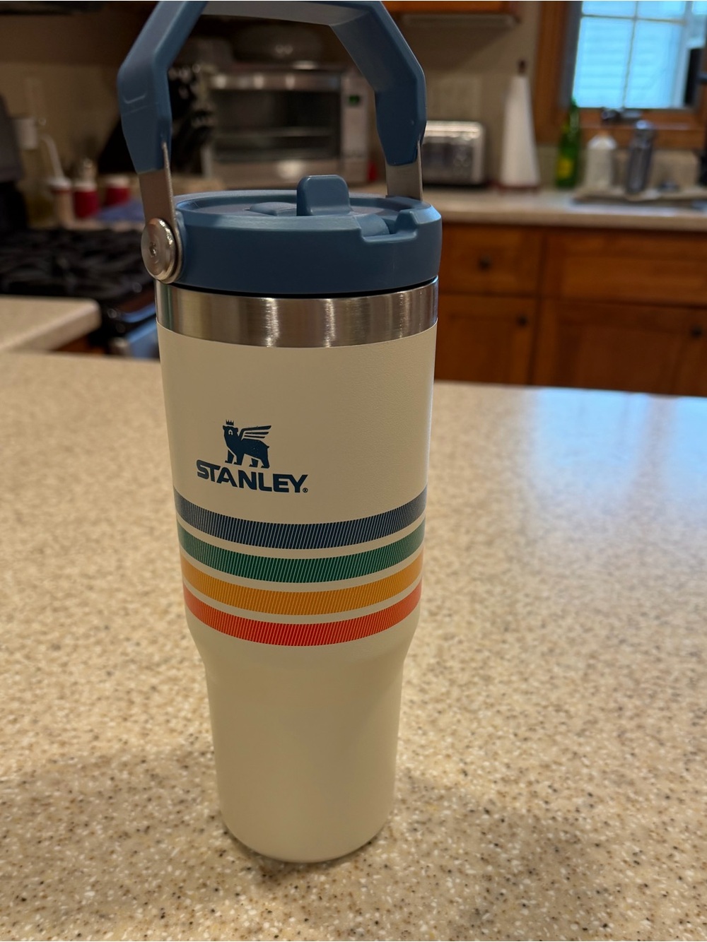 Stanley Cream 30 oz Insulated Travel Tumbler with Blue Lid and retro stripe
